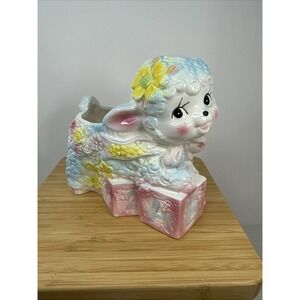 Inarco Ceramic Lamb Planter Japan Nursery Baby Pastel Colors Flowers Baby Blocks